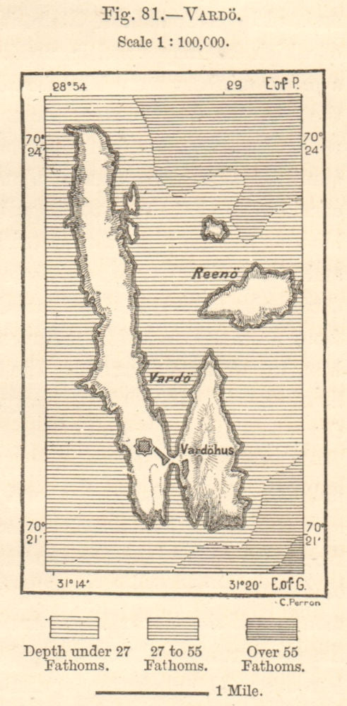 Vardo island. Norway. Sketch map. SMALL 1885 old antique plan chart